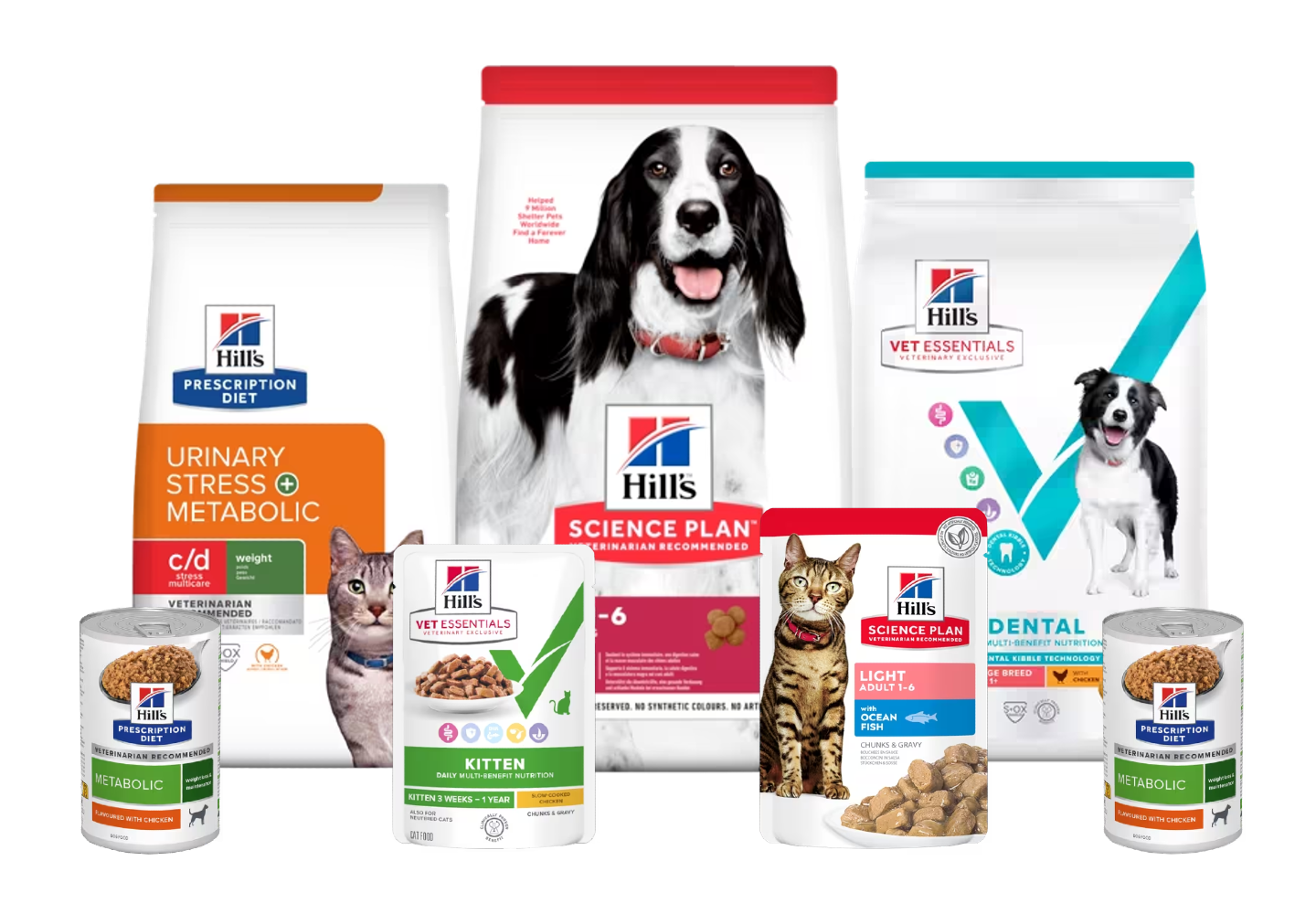 Μια ολοκληρωμένη σειρά προϊόντων Hill's περιλαμβάνει ξηρά τροφή, υγρή τροφή και λιχουδιές.